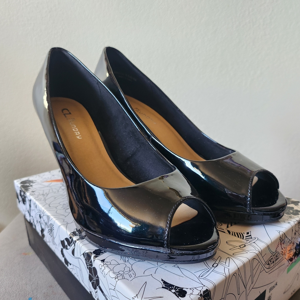 CL by Laundry Shiny Black Peep Toe Heels